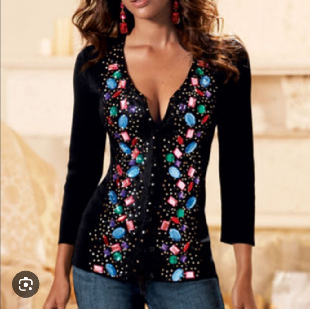 Boston Proper Black V-Neck Embellished Cardigan with Multicolor Gems